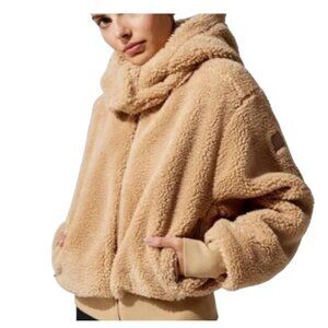 ALO Yoga Womens L  Beige Foxy Sherpa Zip-Up jacket camel tan Pockets cozy hooded